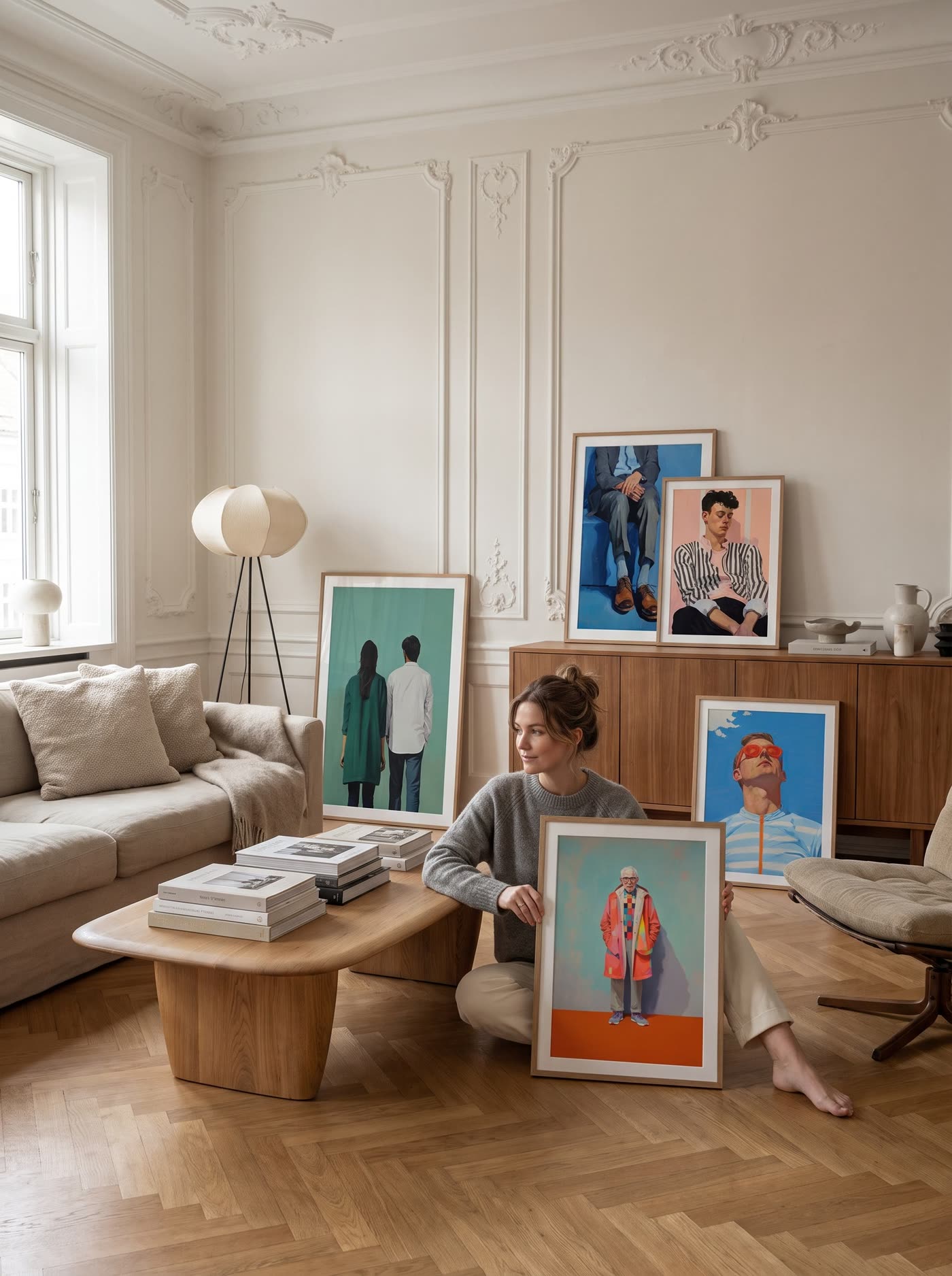 Woman sitting among framed art posters in a living room