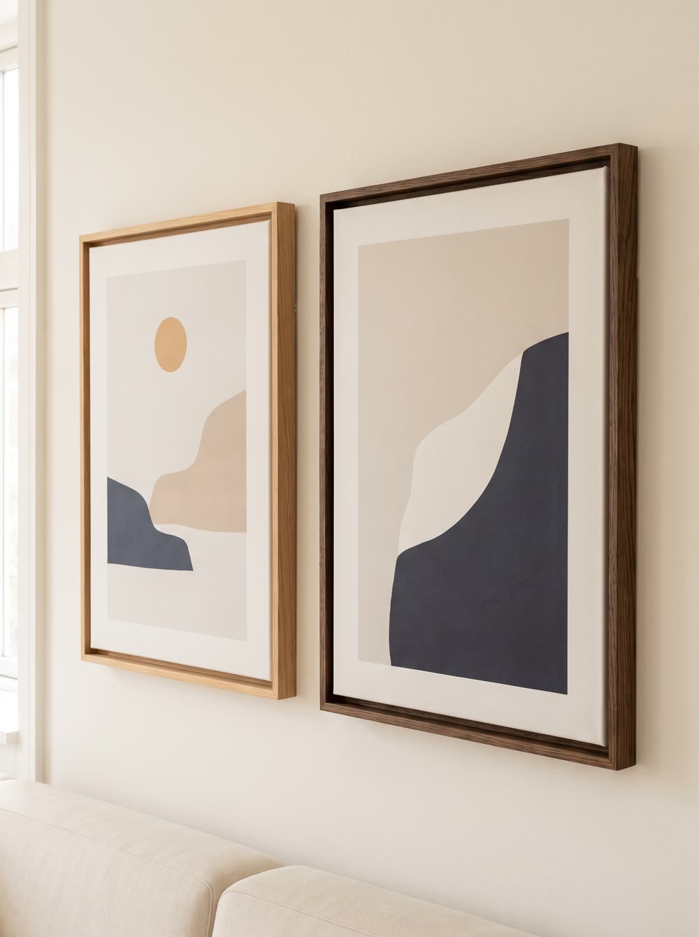 Two canvas prints in oak and walnut floater frames