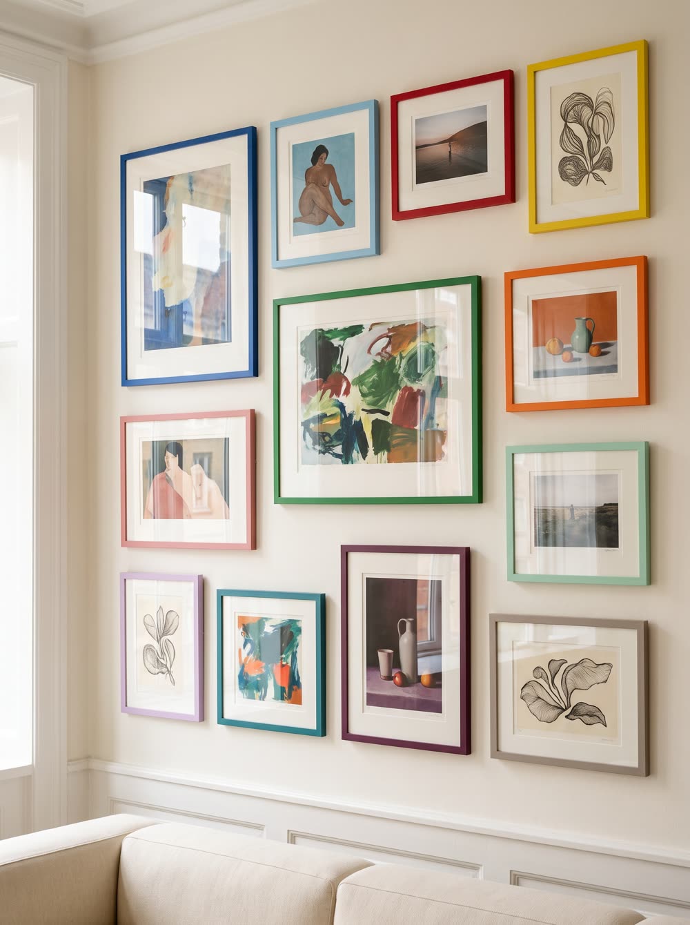 Gallery wall with art prints in coloured frames