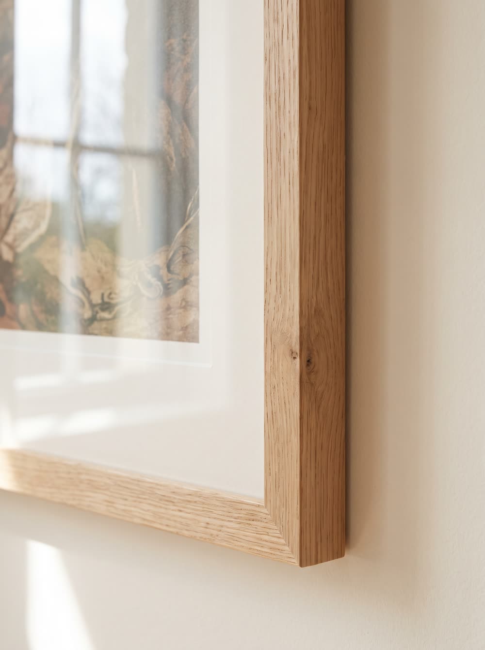Corner of a solid oak frame with passe-partout